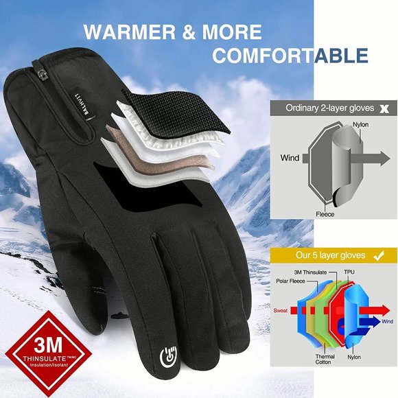 Balhvit -10℉ Waterproof Winter Gloves for Men & Women, Breathable Large Black - Picture 2 of 7